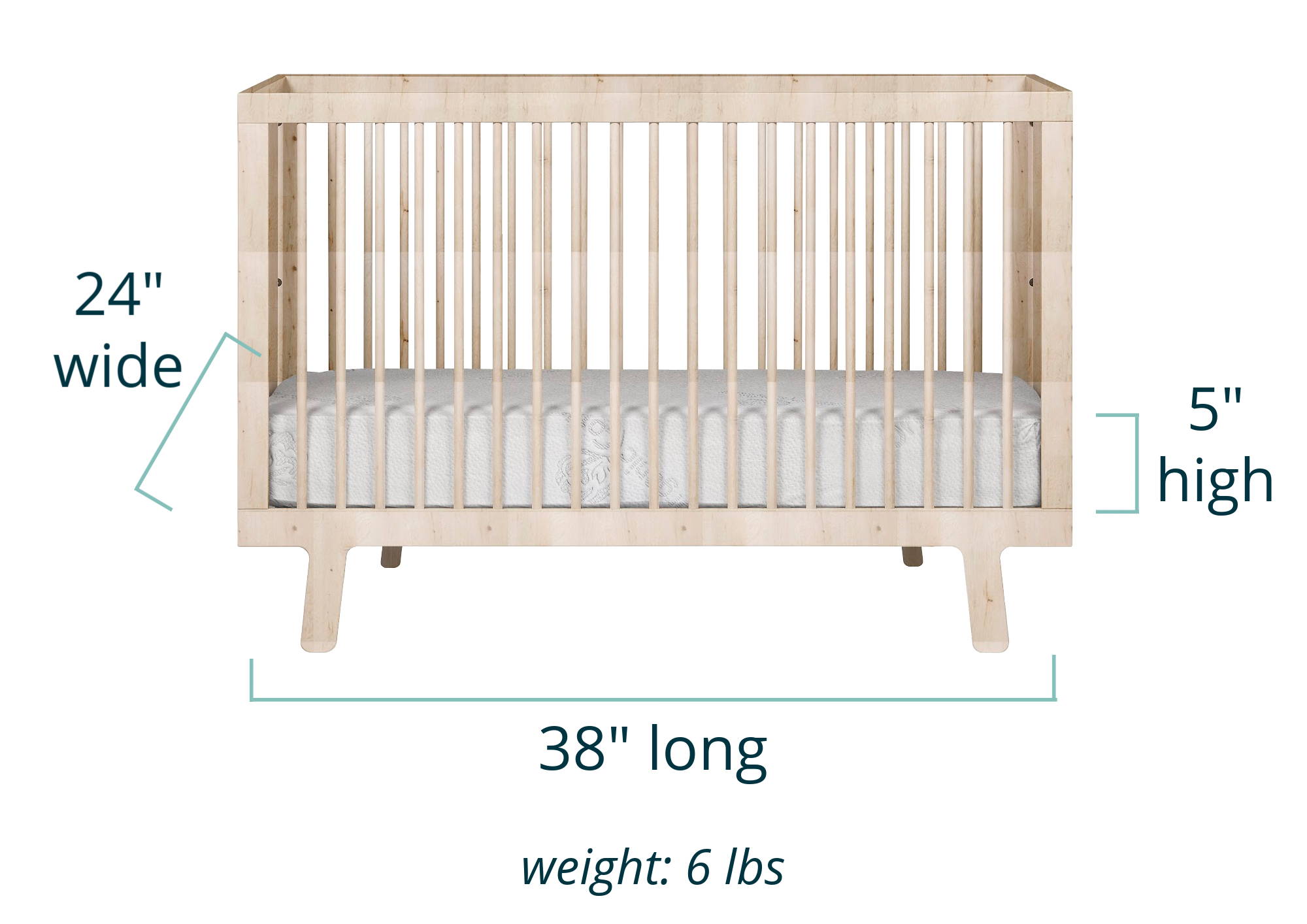 Luxe Mini5 mini crib mattress in a crib showing dimensions of 24