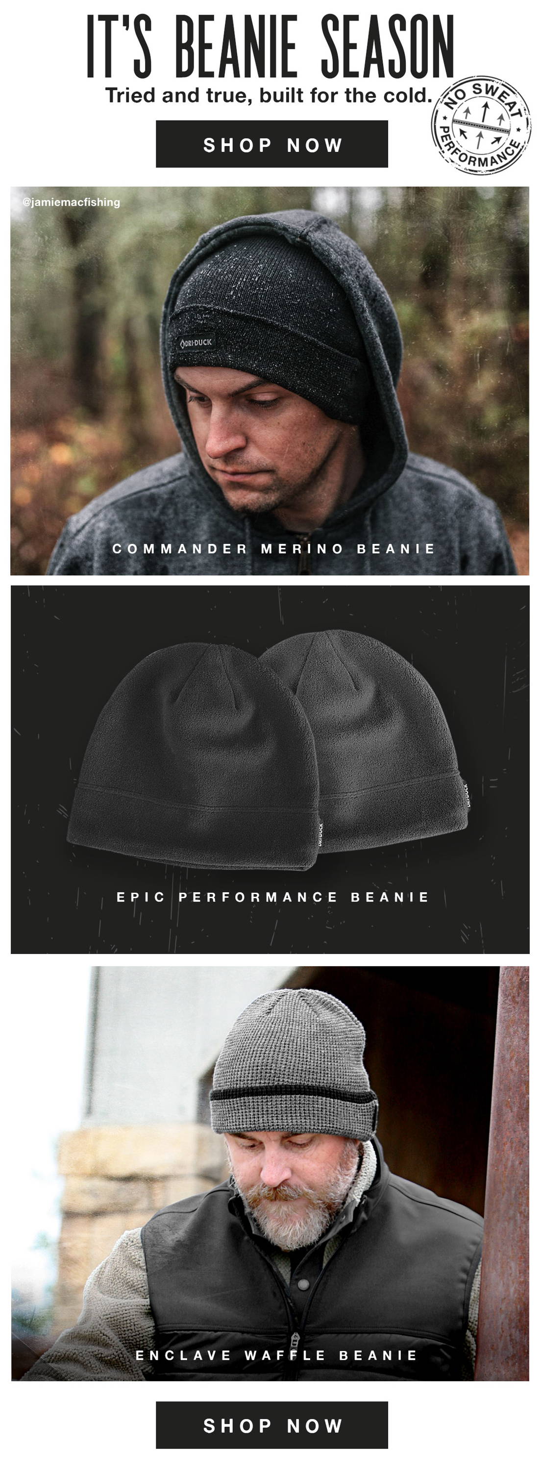 Variety of models wearing beanies from DRI DUCK