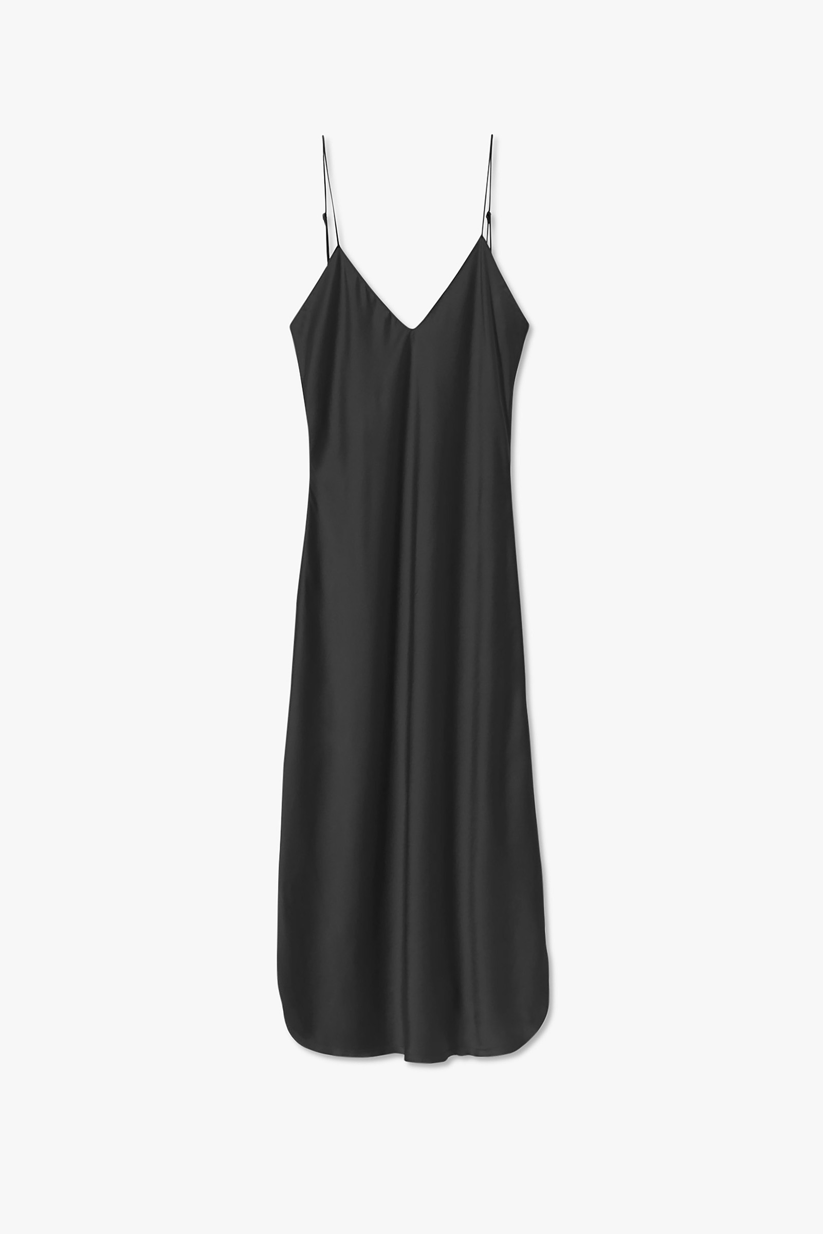 Black spaghetti strap dress hanging on a white background.