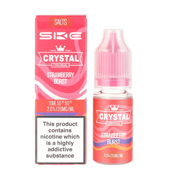 Strawberry-flavored e-liquid in a pink bottle and box.