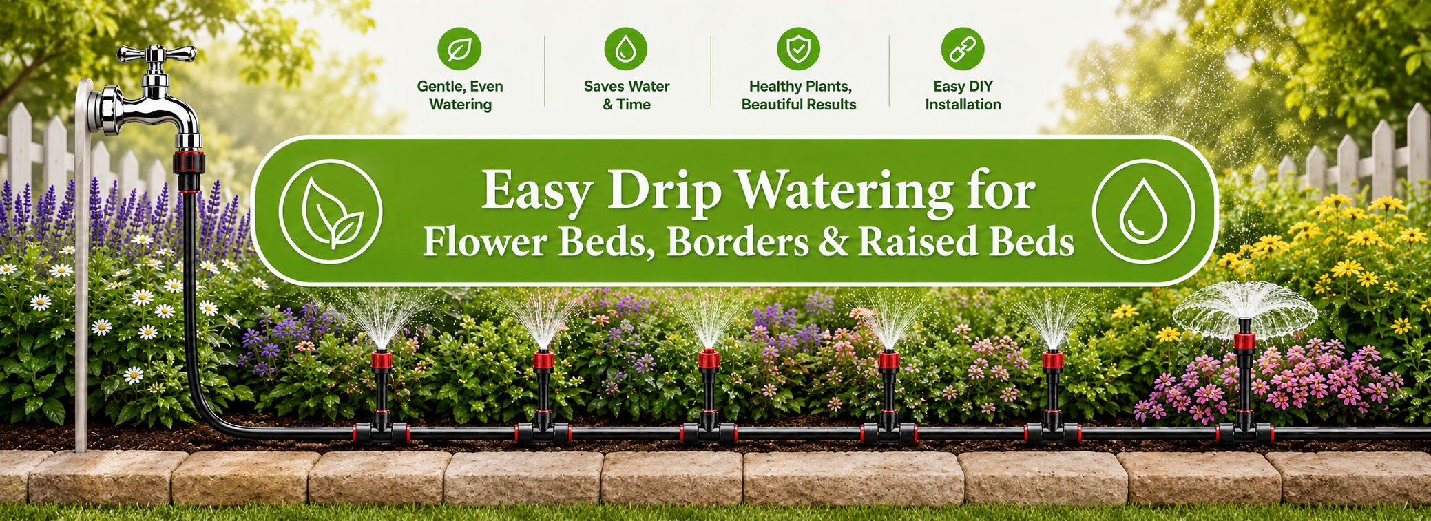 Easy drip watering for flower beds, borders, and raised beds.