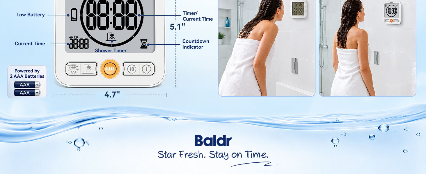 Digital shower timer with woman in bathroom, promoting water conservation.