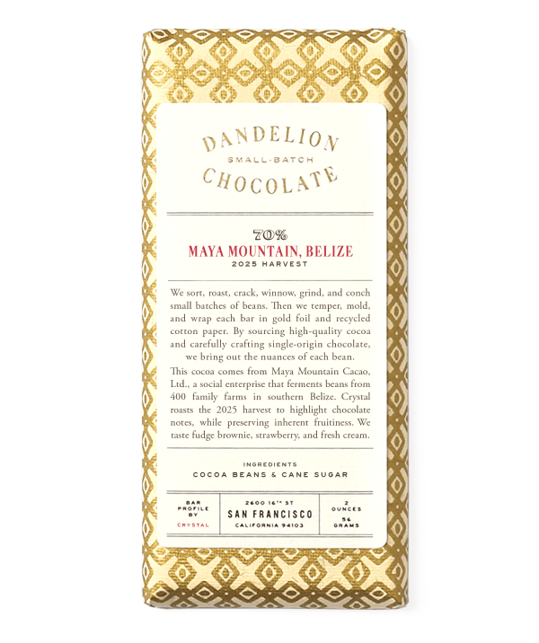 Dandelion Chocolate bar packaging from Maya Mountain, Belize.