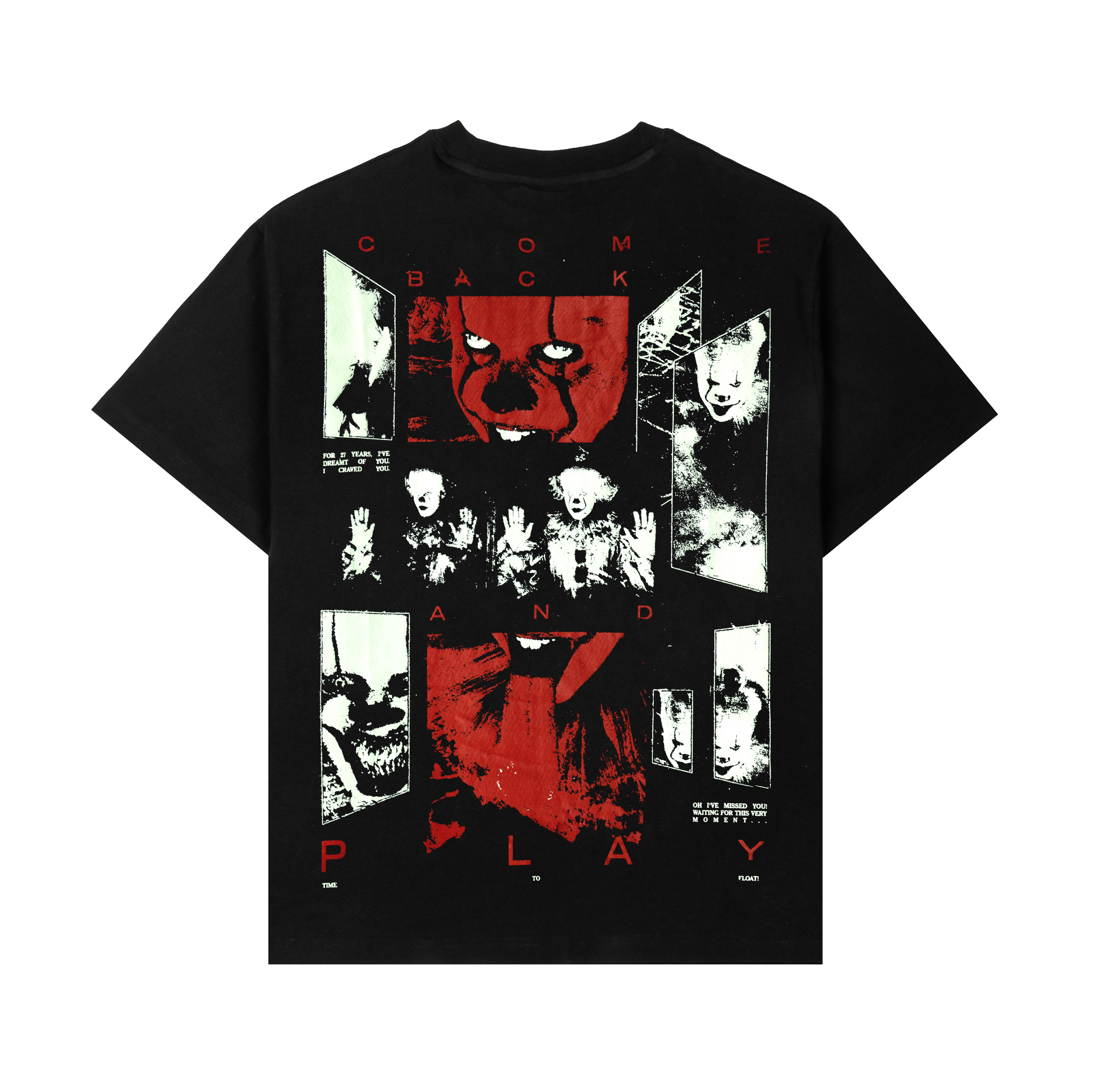 Black t-shirt featuring graphic design and a red balloon.