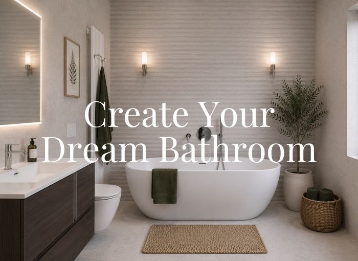 Bathroom with white marble effect tiles on walls and floor, a freestanding bathtub, wood vanity and cabinet, circular backlit mirror, and large overlaid text reading 'Create Your Dream Bathroom'.