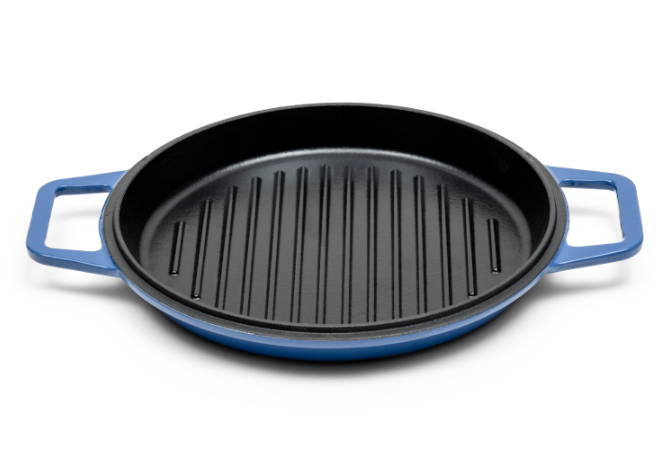 The blue Misen Grill Lid with a black cooking surface, raised grill lines, and side handles on a white background.
