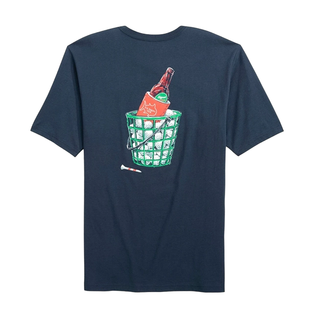 Navy t-shirt featuring a graphic of a bottle in a trash can.