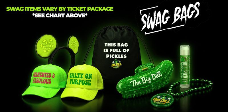 The Big Dill pickle festival swag bags with cucumber ears headband, neon trucker hats, dill pickle lip balm, pickle clip, and drawstring bag full of pickles