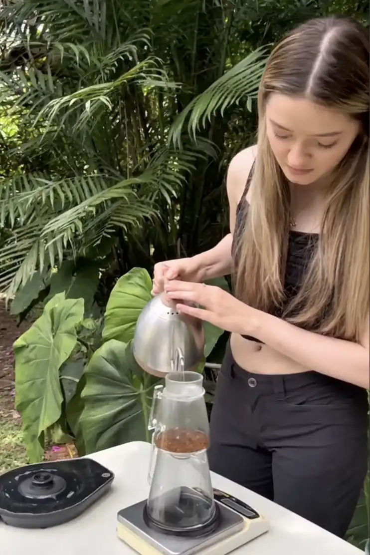 Person brewing coffee outdoors with a glass coffee maker surrounded by plants.