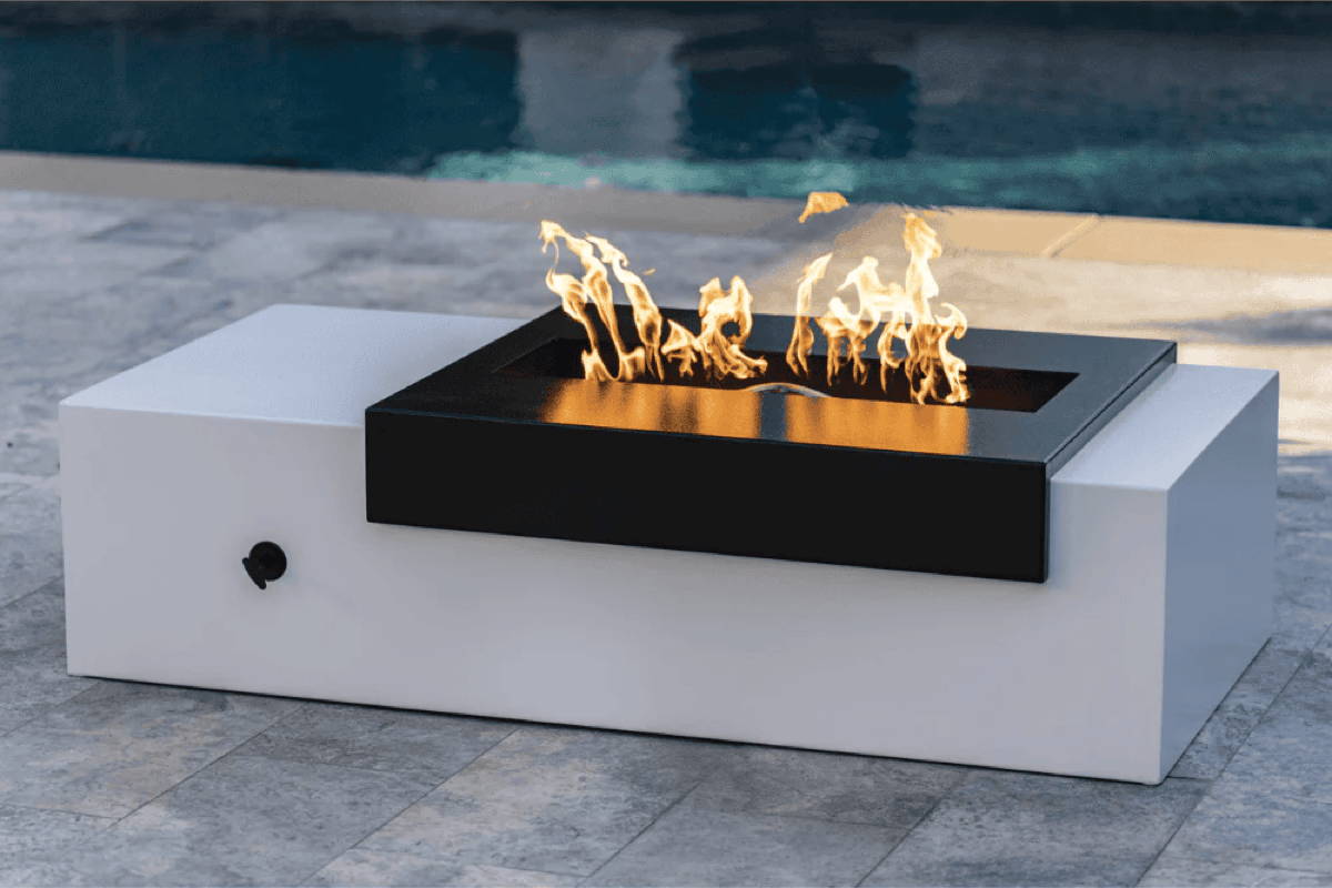 Boxhill's Moonstone Metal Powder Coated Fire Pit Table features an off-center black and white design.