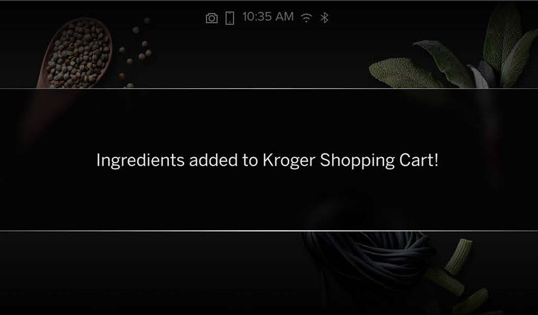 LCD display showing recipe ingredients added to the Kroger shopping cart.
