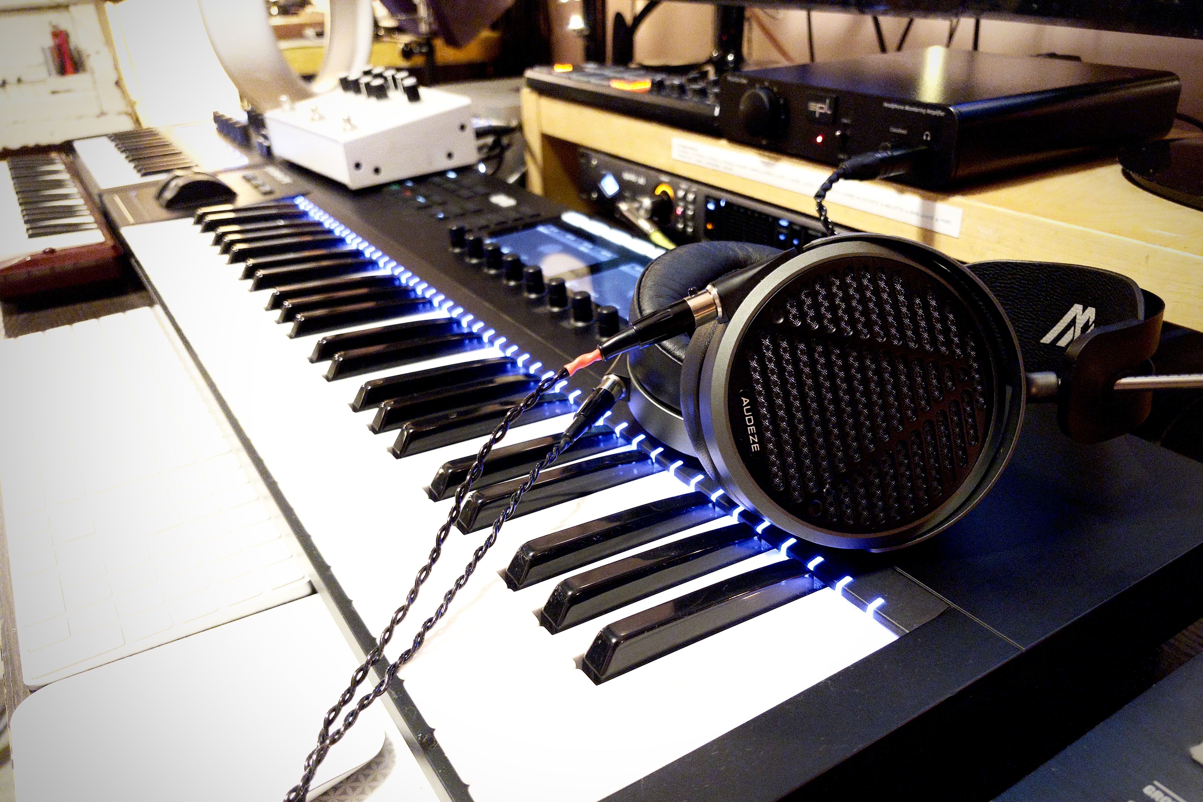 Audeze MM-500 headphones on a keyboard 