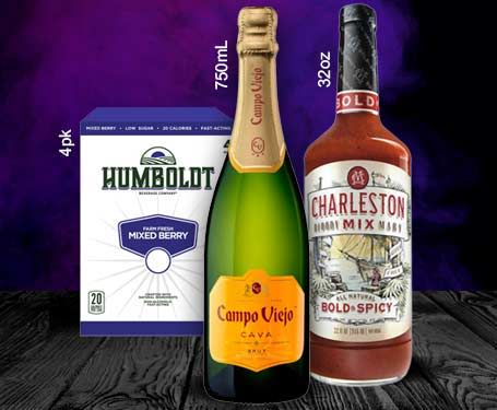 Bottles of champagne and cocktail mix with a box of Humboldt brand product.