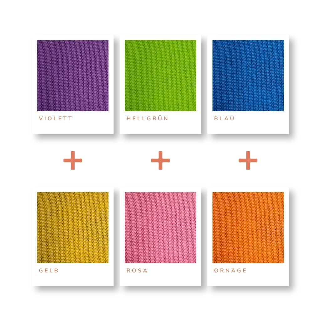 Maschenproben in den Komplementärfarben Lila und Gelb, Grün und Rosa, Blau und Orange.