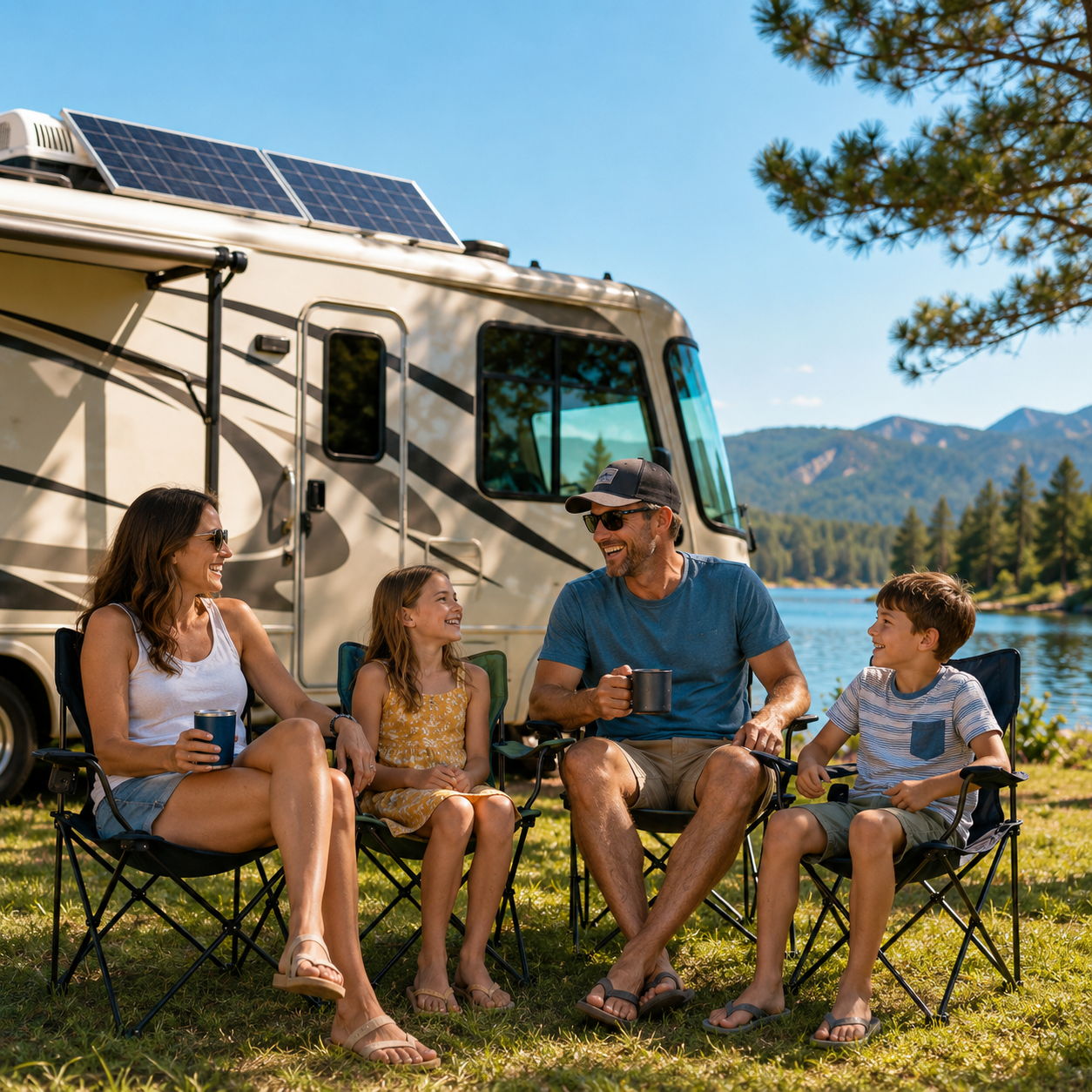 Family enjoying time by a camper van with solar panels near a lake.
