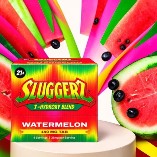 Box of Sluggerz watermelon flavor with colorful background and watermelon slices.