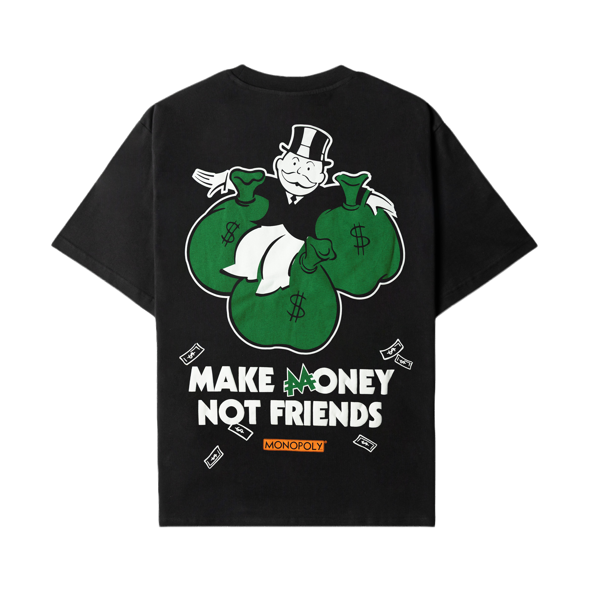 Black t-shirt with graphic prints on the front.