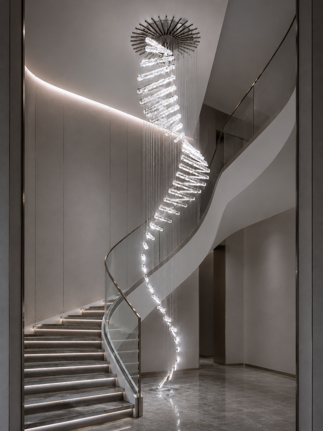 Spiral crystal chandelier following a curved staircase in a double-height void with a glass balustrade