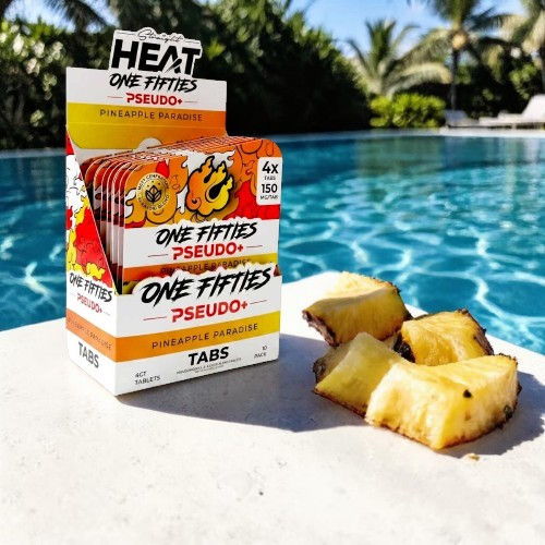 Box of heat supplements next to pineapple slices by a pool.