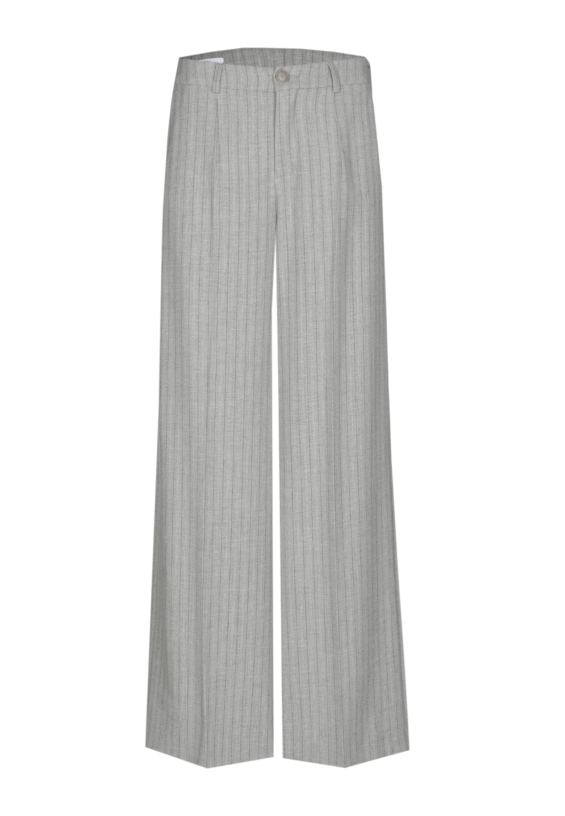 Gray striped wide-leg pants with a button closure.
