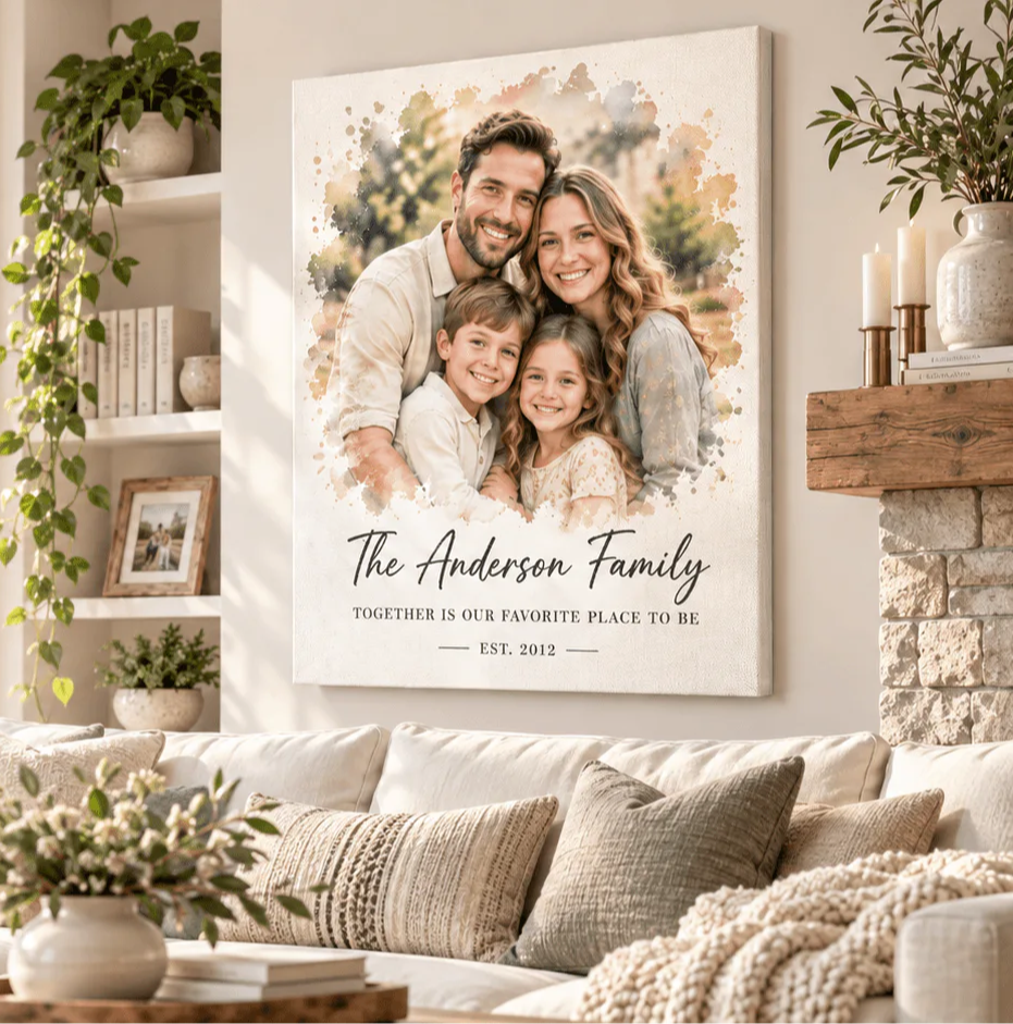 Family portrait hanging in a cozy living room with plants and decor.
