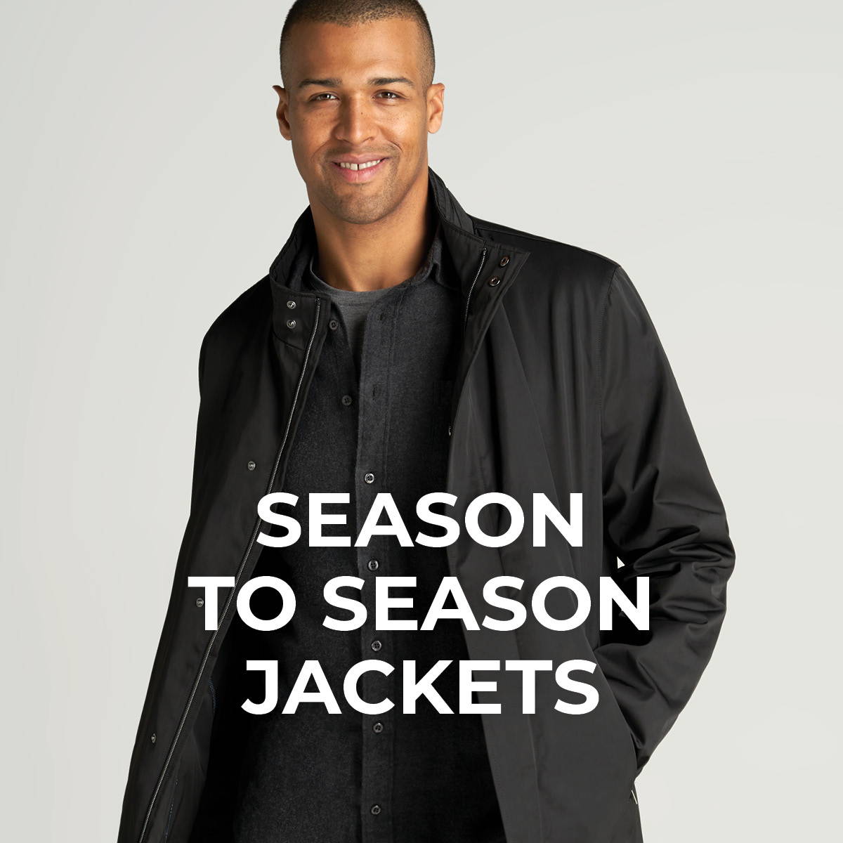 Season to Season Jackets from American Tall.  Tall man wearing a black trench coat