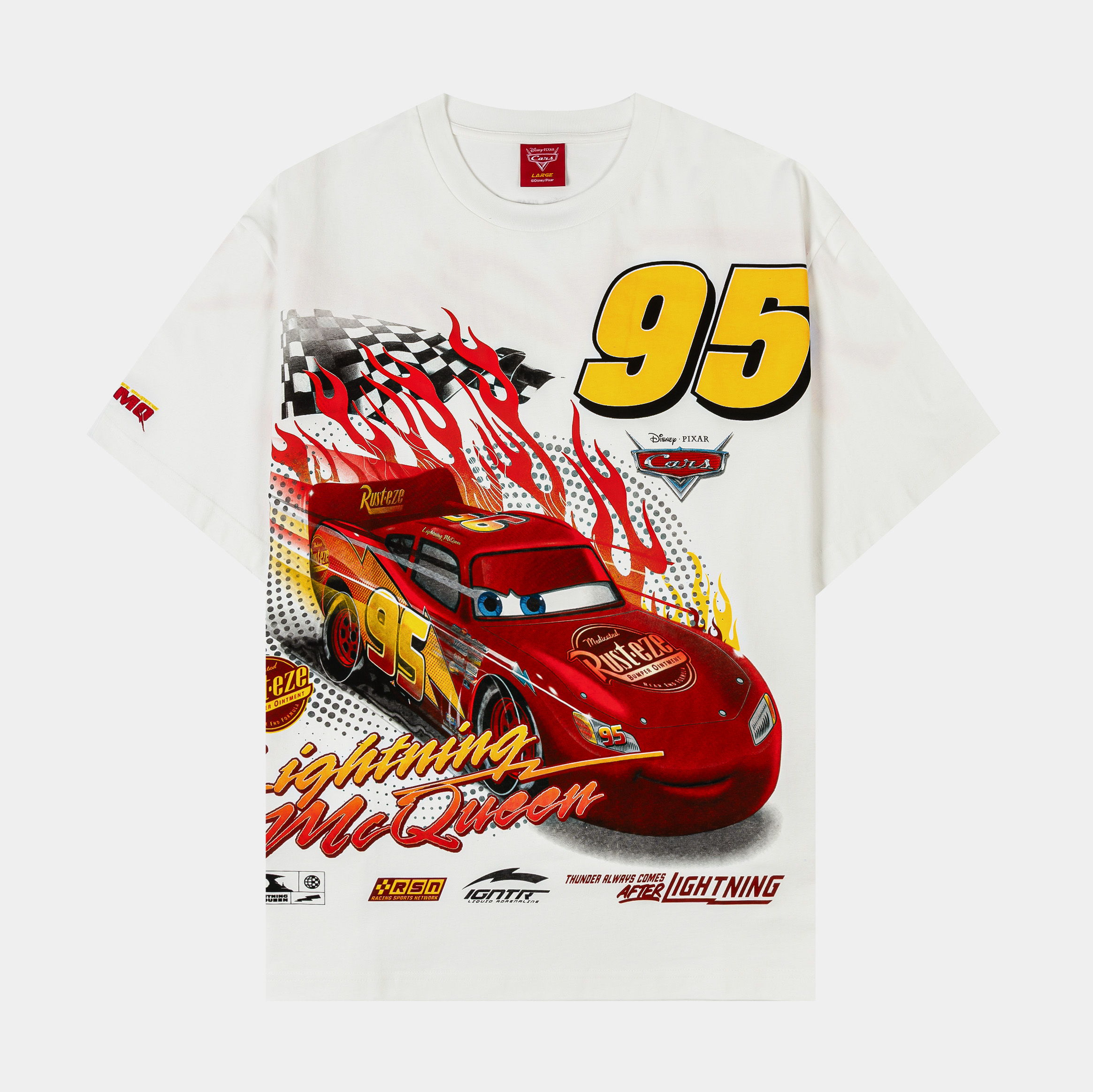 White t-shirt featuring Lightning McQueen with flames and the number 95.
