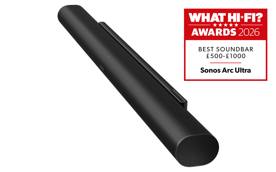 Sonos Arc Ultra soundbar with award badge.