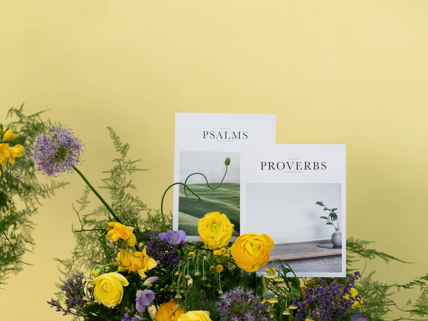 Alabaster Psalms and Proverbs on yellow background with flowers