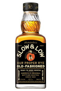 Bottle of Slow & Low Old-Fashioned cocktail, rye whiskey, vintage design.