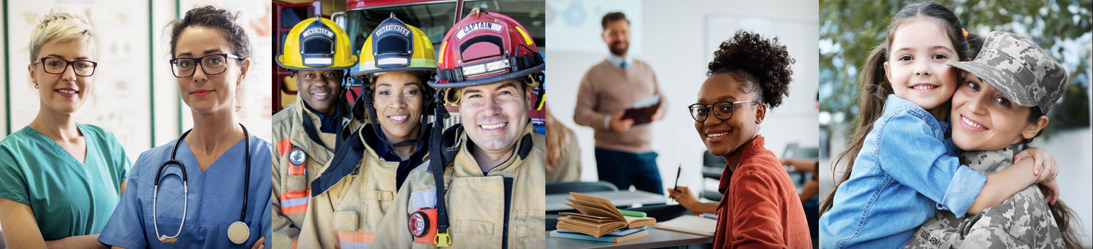 Collage of diverse professionals and families in various settings.