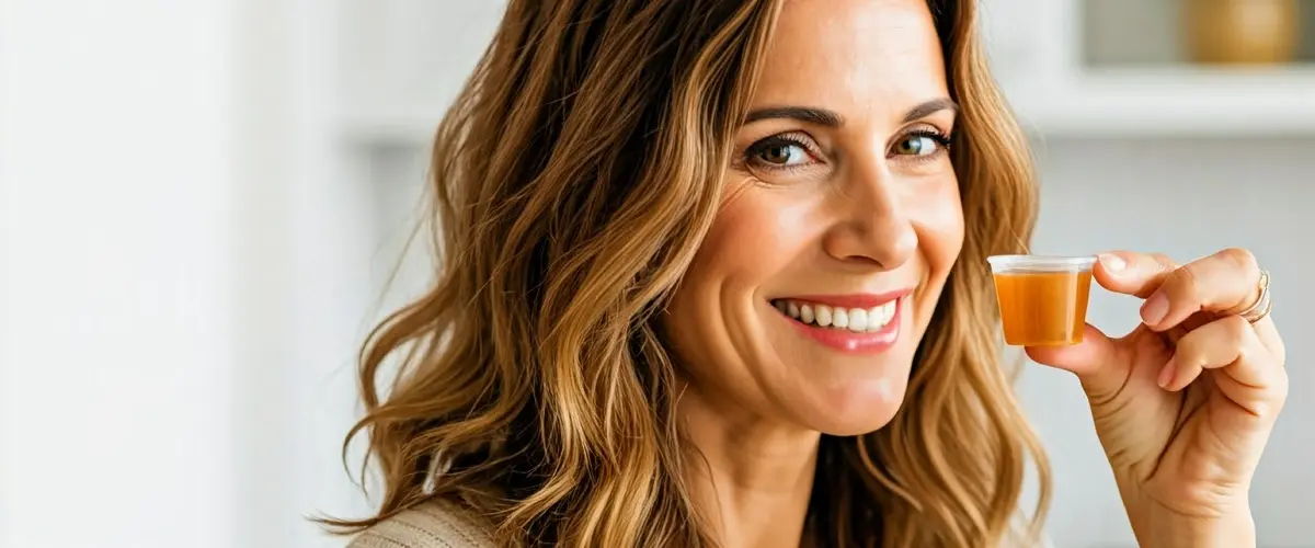 Woman drinking a collagen supplement, supporting skin, hair, and overall wellness.