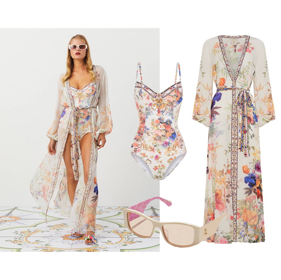 CAMILLA white and floral resortwear outfits. swim with layer