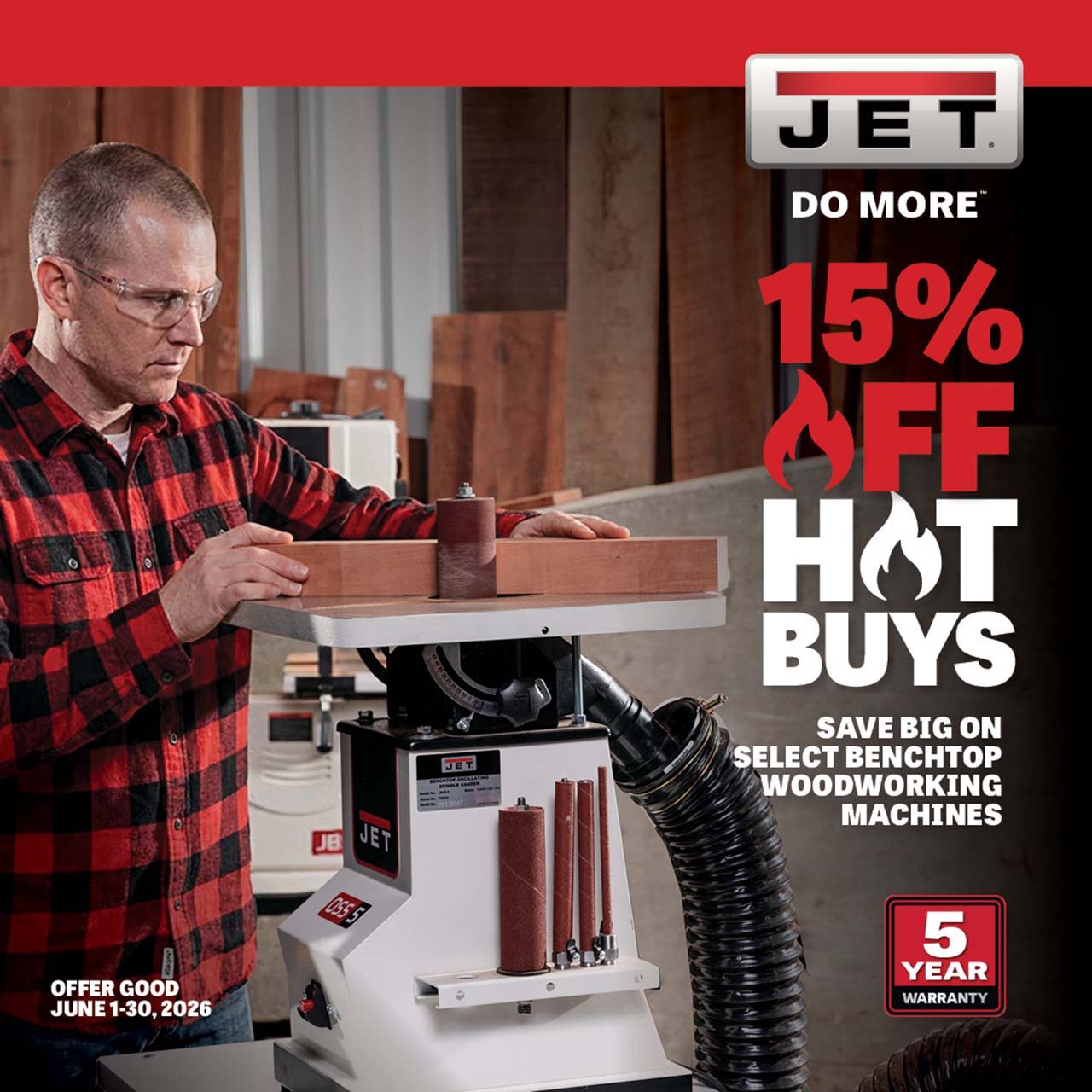 Promotional image for JET woodworking machines with a 15% discount offer.