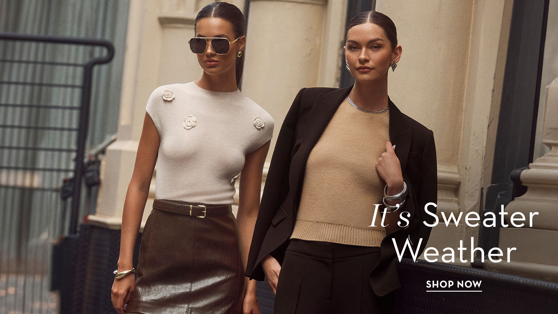 Two women in fashionable outfits with text: 
