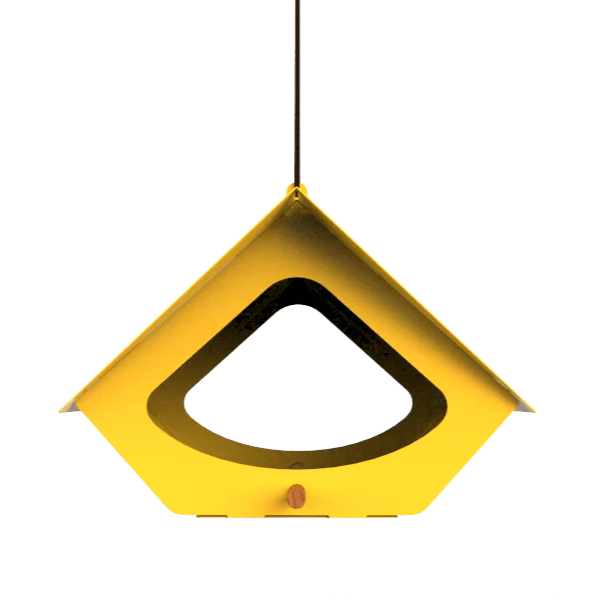 Yellow powder coated aluminum triangular bird feeder with soft edges