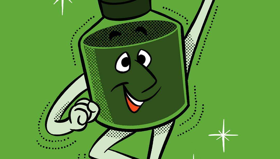 An illustration of an anthropomorphic ink bottle over a green background. Their right leg and left arm are raised. White stars are around them. The illustration is inside an iPad featuring Procreate.