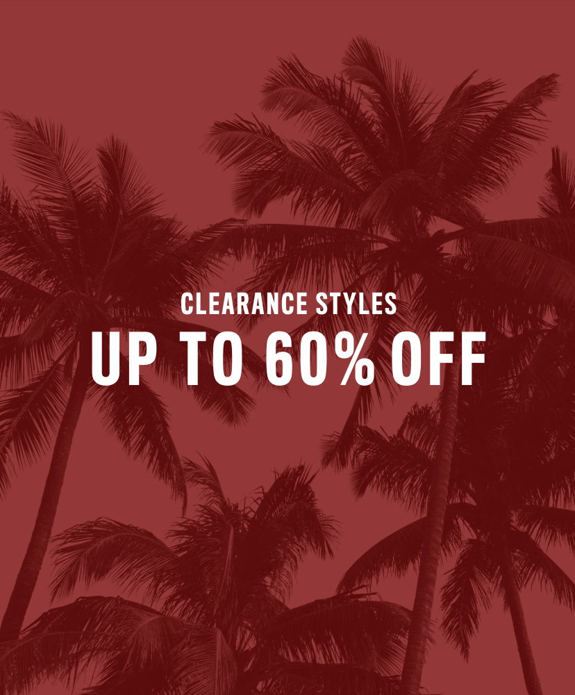 Clearance styles up to 60% off with palm trees background.
