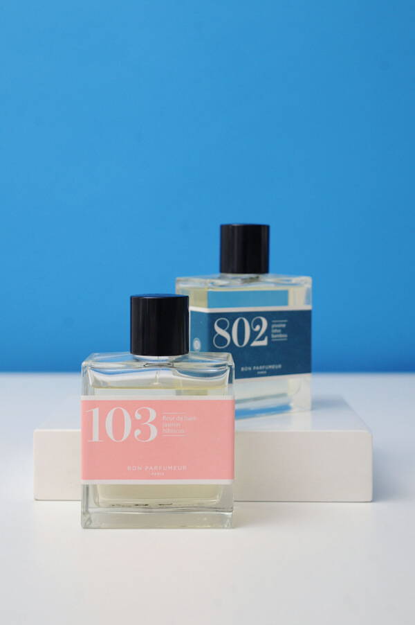 A styled image of Bon Parfumeur 103 and 802 Eau de Parfums.