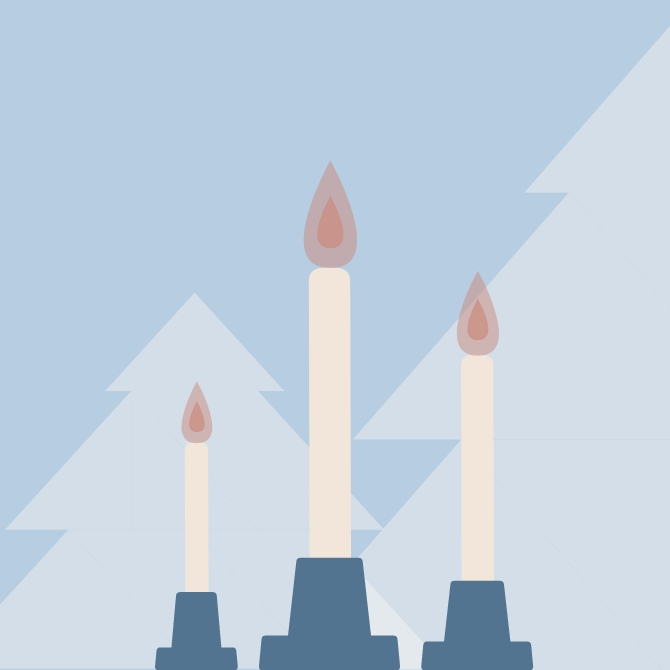 An illustration of three candles side by side, with the silhouettes of evergreen trees visible in the background.