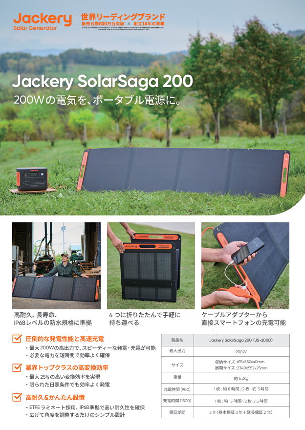 Jackery SolarSaga 200 portable solar panel with specifications and features.