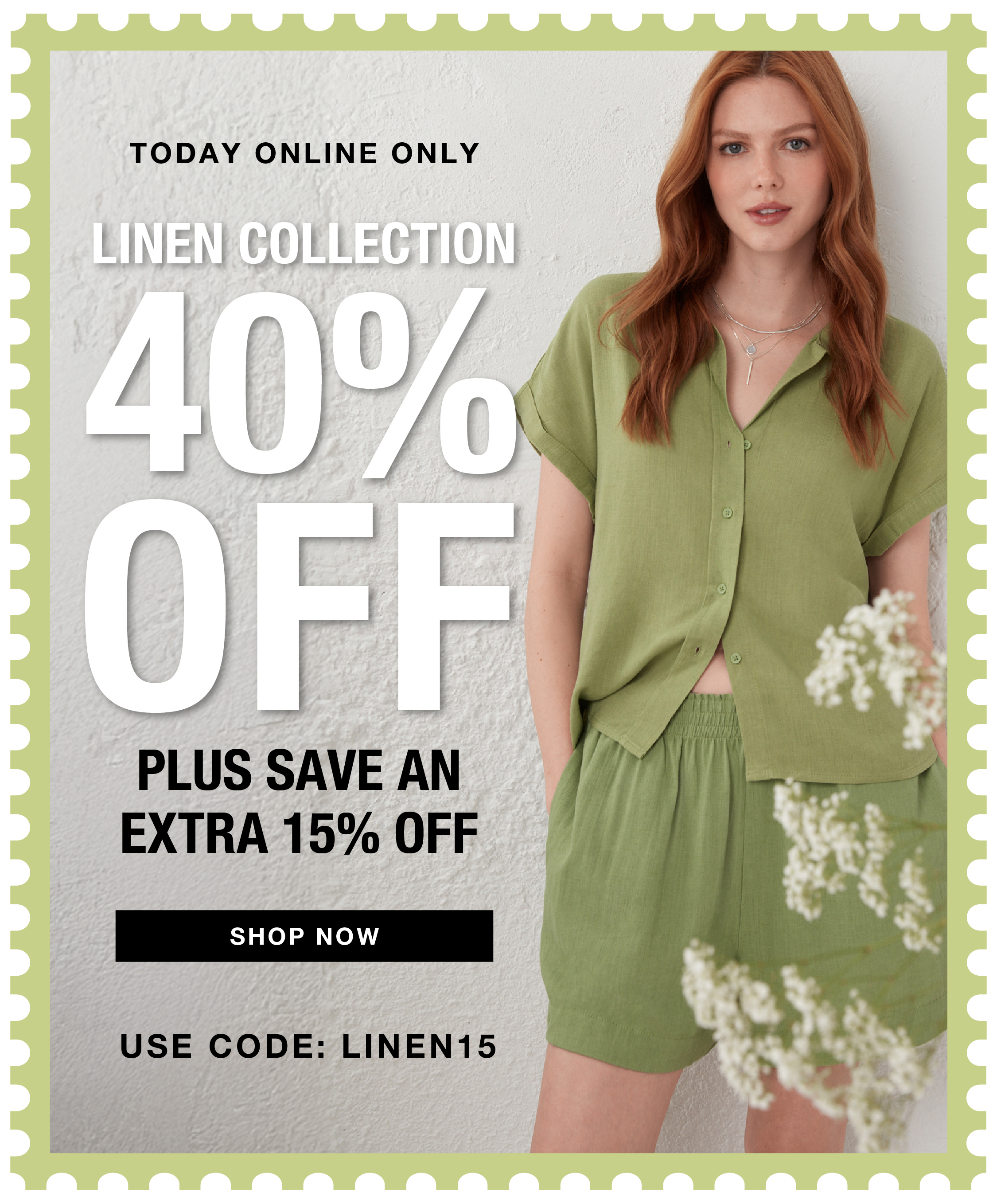 Linen collection sale banner with model and discount information.