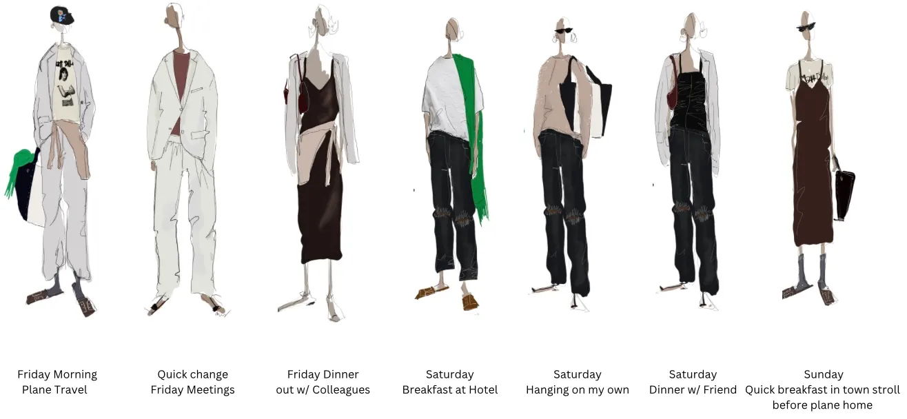 Fashion designs displayed on mannequins with various outfits and accessories.