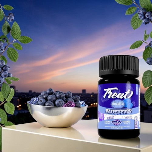 Bottle of blueberry supplement next to a bowl of blueberries and sunset background.