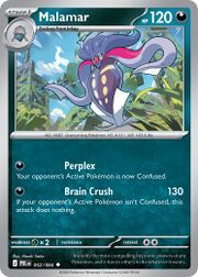 Trading card featuring Malamar, a Pokémon with attack descriptions and health points.