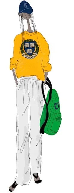 Fashion illustration of a person in a yellow sweatshirt and white pants, carrying a green backpack.