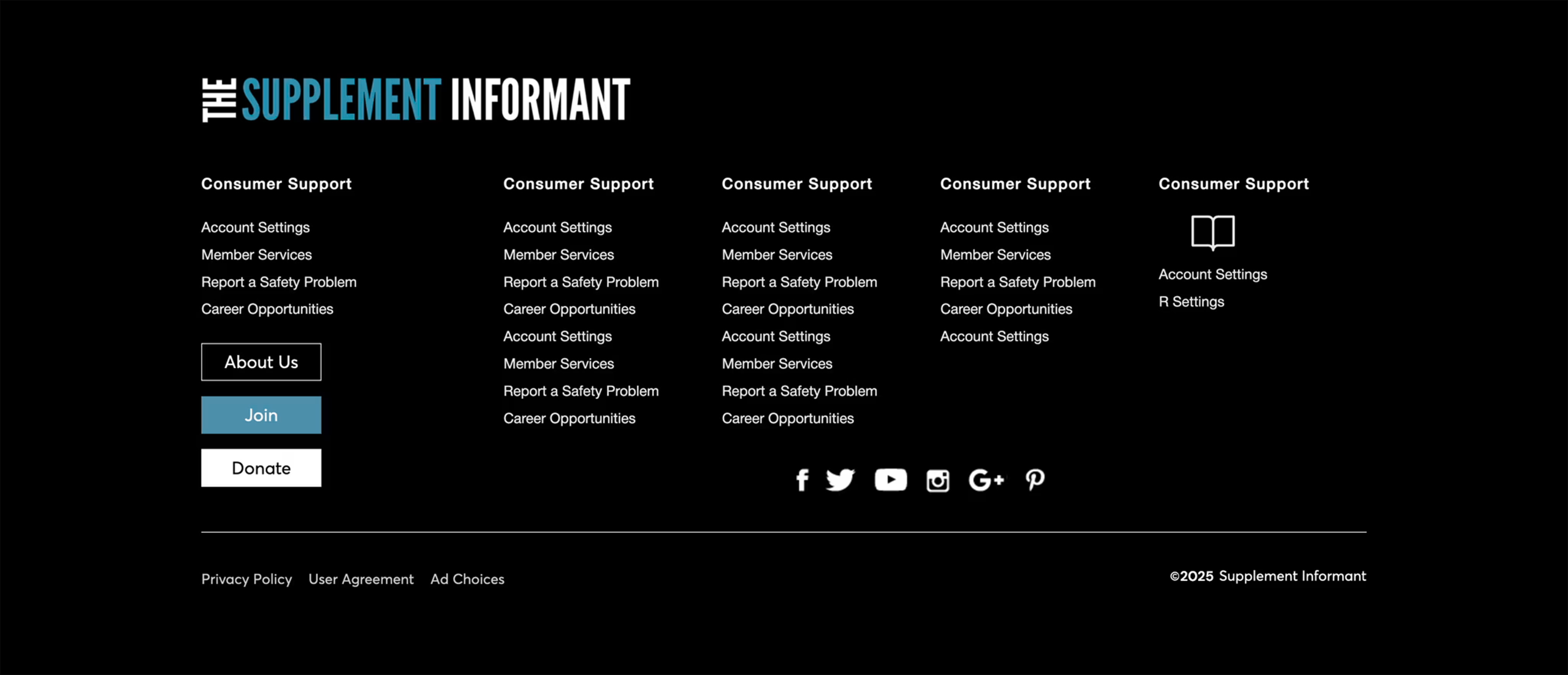 Footer section of a website with links and social media icons.