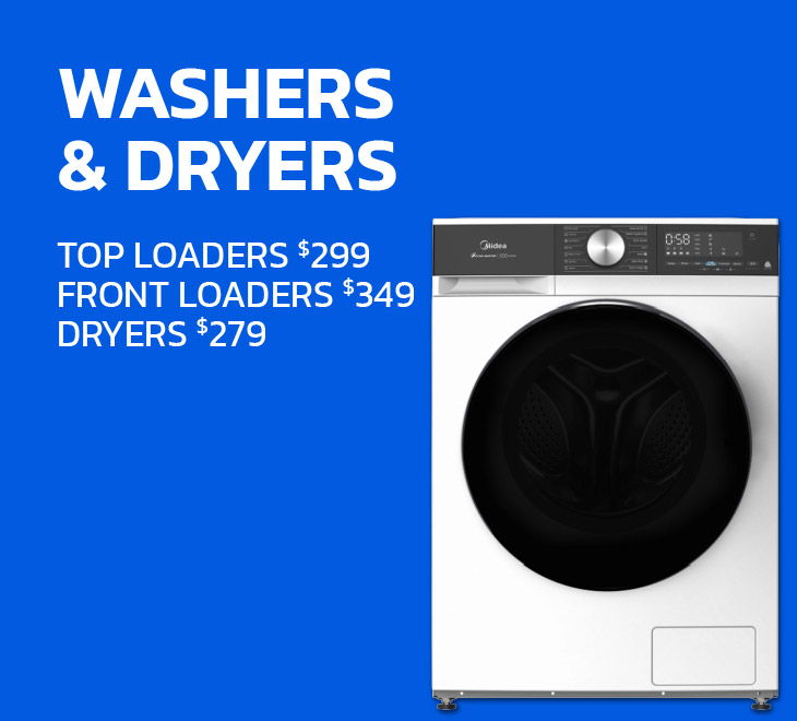 Washers and dryers with pricing information on a blue background.