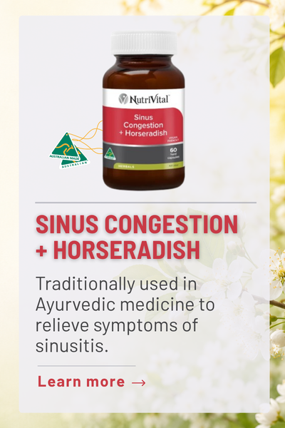 Bottle of Sinus Congestion + Horseradish supplement with Ayurvedic uses.
