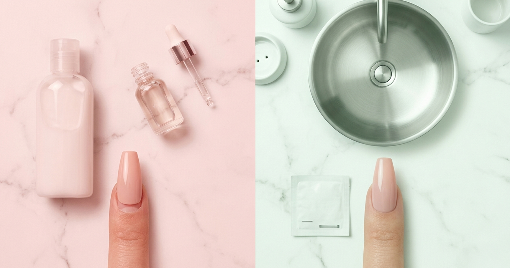 Visual comparison of common press-on nail mistakes including applying over moisturizer versus correct dry nail prep before application
